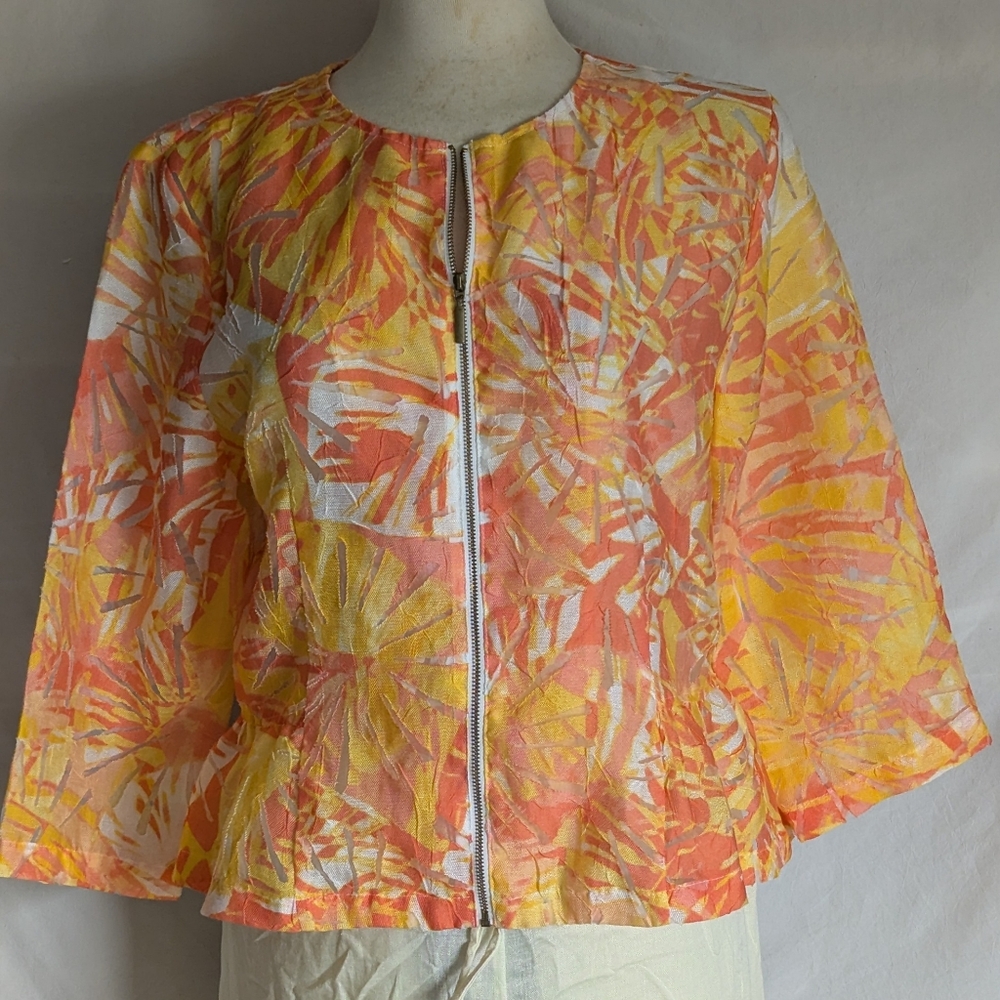 Ruby Rd Favorites Jacket Sz 12 Zip Up Burnout Coral Yellow White Ruffled Hem